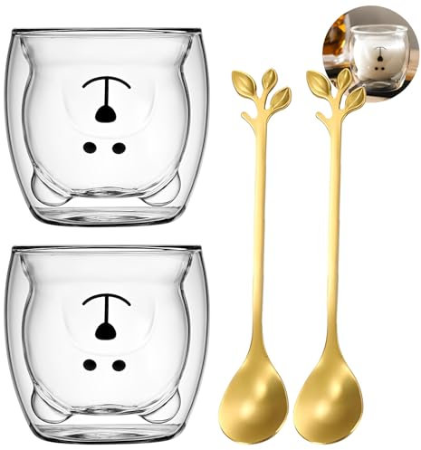 Xiuyer 2 pcs Tazza di Bicchieri Bicchierini Liquore Bicchieri da Rum Bicchieri Amaro Tazzine Caffe Vetro Doppia Parete Tazzine Borosilicato Bicchiere da Vodka 250ml Con 2 Cucchiai(Orso)
