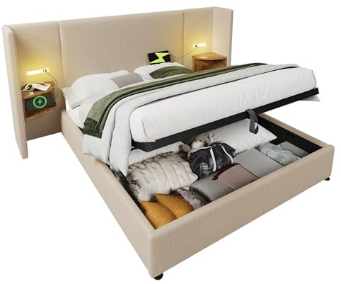 Polsterbett Doppelbett 160×200 mit Nachttisch, Leselampe und USB Type-C Ladefunktion, Bettanlage Stauraumbett Bettgestell mit Lattenrost aus Massivholz und Metall, Beige, Leinen(Ohne Matratze)