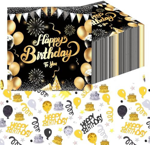 VEGCOO 40 Blatt Servietten Geburtstag Für Tischdeko Geburtstag, 33x33cm Servietten Schwarz Gold, Geburtstagsfeiern Für Männer Und Frauen Happy Birthday Servietten, Mit Schwarzgold Konfetti