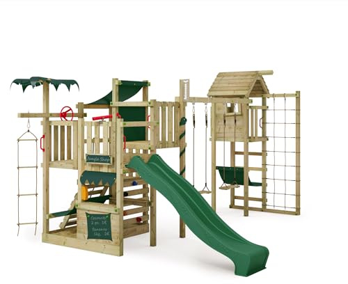 FATMOOSE Spielturm Klettergerüst CrazyCoconut Club XXL mit Turmanbau, grüner Rutsche & Plane, Outdoor Kinder Kletterturm mit Sandkasten, Leiter & Spiel-Zubehör für den Garten
