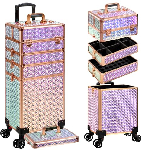 Arous 5-i-1 professionellt rullande makeupfodral aluminium kosmetisk låda extra stor vagn makeup reseorganisatör, med 360° vridbara hjul, färgrik, 5-i-1 sminkväska