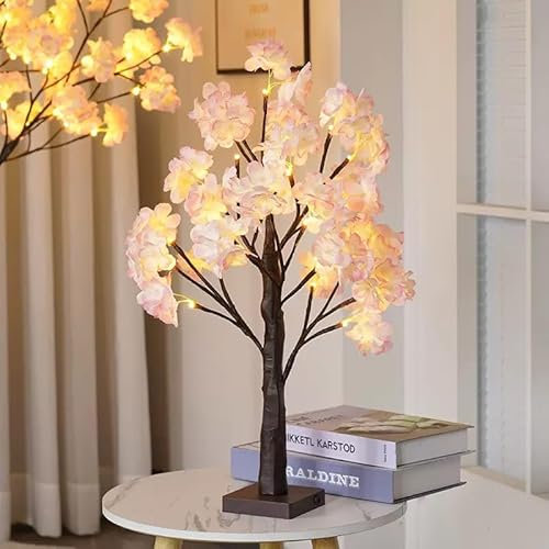Howeifull LED Fiori di Ciliegio Albero Lampada, con Timer, 60cm Leggermente Rosato Albero Bonsai, Batteria/USB, 24 LED Bianco Caldo Lampada da Tavolo Decorazione per Casa, matrimoni, feste, Natale