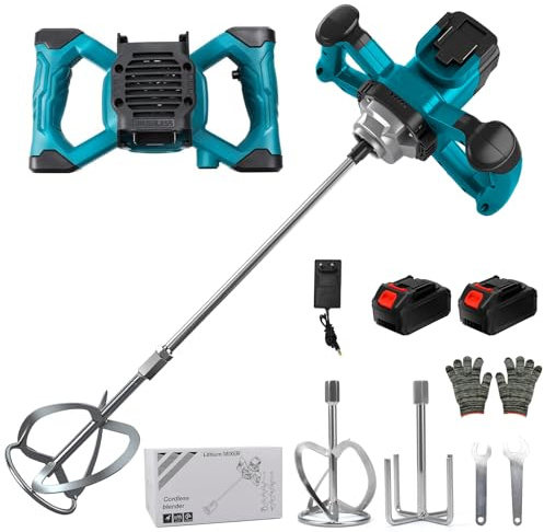 Cement Mixer Compatible with Makita 18V Battery, 3200W Portable Paint Mortar Mixer with 2 Battery, 6 Speed, Max 680 RPM, Electric Concrete Stirrer for Mixing Fodder Mortar Paint Glue Putty