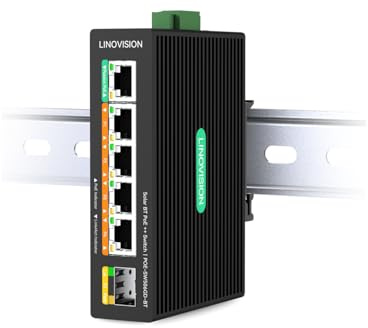 LINOVISION Industrial 5 Ports Full Gigabit DC12V PoE++ Switch for Solar or RV UPS System, Supports DC 9~54V Input, 4 BT90W PoE++ Ports for PoE Lighting and 1 Passive 24V PoE Port for Wireless Bridge