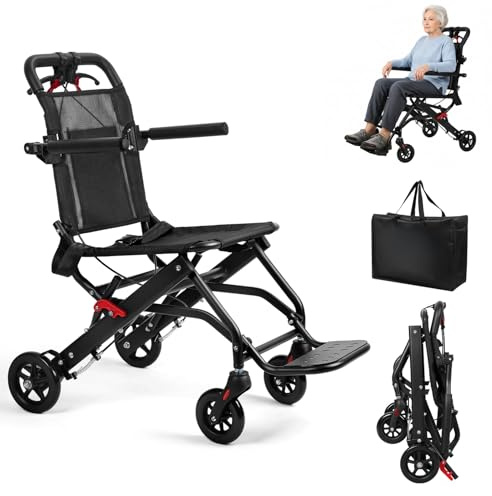 Fauteuil roulant pliable portable pour adulte, chaise de transport en alliage d'aluminium ultra léger, fauteuil roulant de voyage avec accoudoir rabattable, ceinture de sécurité, chaise de mobilité