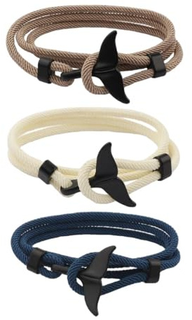 Qury Lot de 3 bracelets réglables en nylon et polyester avec queue d'orque, ancre et tortue pour homme