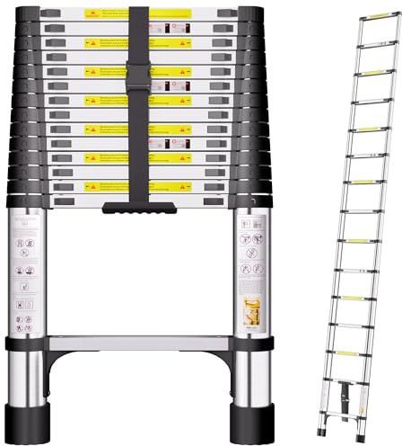 SIMPDIY 4,4m Edelstahl Teleskopleiter, Leiter Ausziehbar, 150kg Tragkraft | Dreiecks-Stabilisatoren & Anti-Rutsch-Füße, In 30-cm-Schritten verstellbar, faltbar auf 90 cm, für Dachböden & Wohnmobile