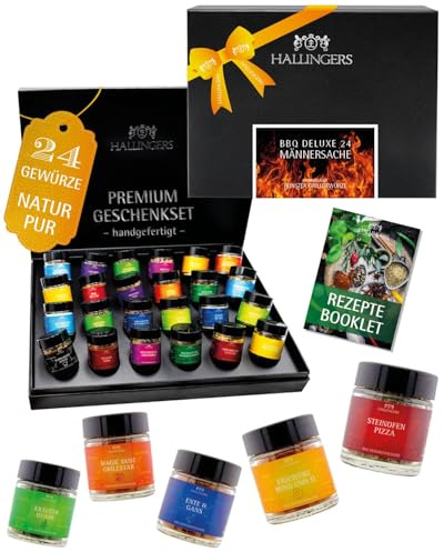 Hallingers Genuss Manufaktur Gewürz Geschenk-Set - 24 Gewürze aus aller Welt in wertiger Geschenkbox mit Rezept-Booklet BBQ Deluxe 24 M..., Geschenkidee für Männer Freund