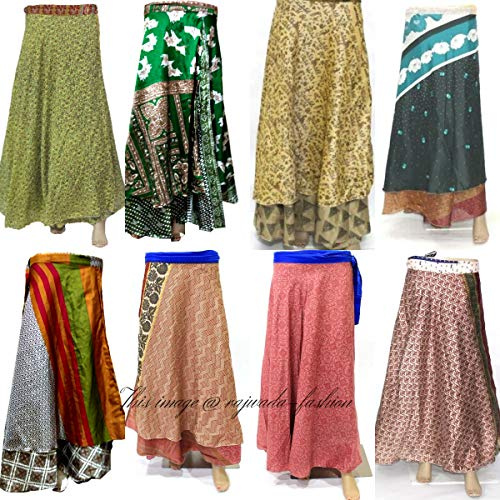 rajwada-fashion Wholesale Lot of 5 Women’s Reversible Wrap Around Skirts | Two-Layer Magic Sari Long Maxi Skirts | Indian Boho Ethnic Printed Vintage Silk Blend Skirt Pack