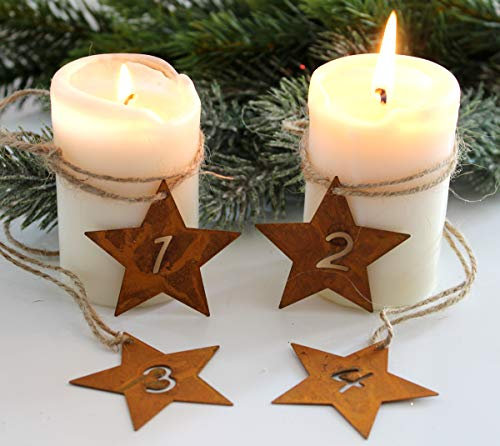 LB H&F 4er Set Adventskranz Zahlen 1-4 Deko Advent Rost Stern Metall Weihnachten KERZENANHÄNGER zum selber dekorieren in Sternform - (Adventskerzen - Rost)