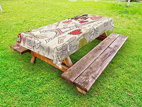 ABAKUHAUS Frankreich Outdoor-Tischdecke, Doodle Eiffelturm Liebe, dekorative waschbare Picknick-Tischdecke, 145 x 210 cm, beige-Rosa