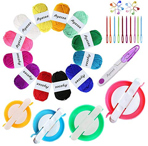 Garnkugelwickler, handbetätigte Swift Yarn Fiber String Ball Wollwickelmaschinen für Familien, 4PS Pompom Maker + 12PS Acrylgarn + 10PS Strickstichmarker + 10PS Kunststoffnadeln + 1PS Schere (37c)