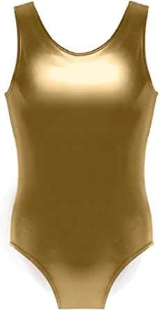 BODYWEAR LTD Childrens Kids School Sport Dance Gymnastics Ballet Sleeveless Leotard Metallic Wet Look Shinny Party Disco or Dance Costume (Gold, 7-8 Years)