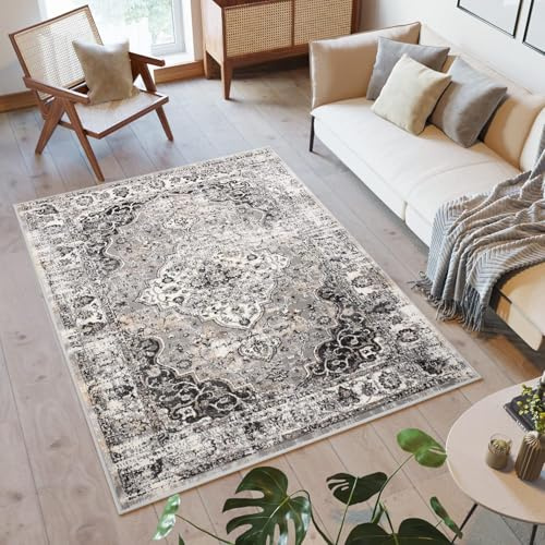 TAPISO Valley Teppich Kurzflor Hellgrau Grau Vintage Rosette 120 x 170 cm | Ornamental Meliert Used Effekt Wohnzimmer Schlafzimmer OEKO-TEX
