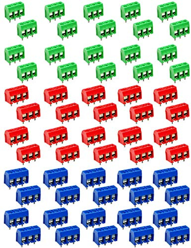 Hyamass 60pcs passo 5 mm 3 pin PCB montaggio a vite morsettiera connettore per Arduino (20 x blu, 20 x verde, 20 x rosso) (3 pin)