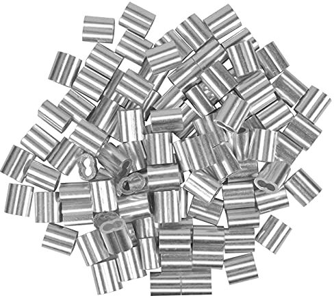 100 Pezzi Manicotti in Alluminio per Fune Metallica, 4 mm Ghiere in Alluminio, Morsetti Morsetto in Alluminio Doppio Foro per Filo Metallico e Cavo Corda in Acciaio 4mm