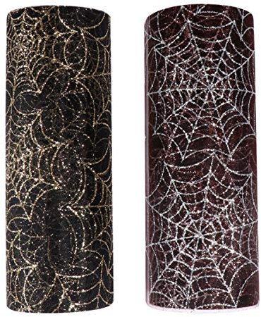 Sewroro 2 Rollen Halloween Tüll Gaze Spinnen Web Tüll Rollen Glitzer Tüll Stoffnetting Roll für Geschenkpackung Halloween Dekoration Vorräte 10 Yards 10 Yards