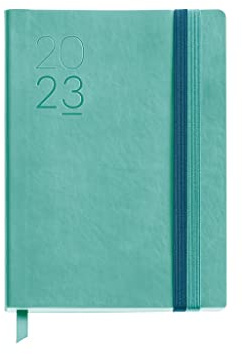 Miquelrius - Jahresplaner 2023 - Tag Seite - Größe 122 x 168 mm - Flexibler Abdeckung aus Kunstleder genäht - Doppelverschluss Gummizug - Spanisch, Englisch und Portugiesisch - Blau