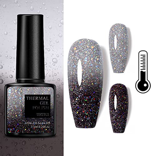 Fashion Base Gel Nail Polish,Thermal Temperature Color Changing Gel Nail Polish Soak Off UV LED Nail Art Gel Polish Black Grey White Glitter(7.5ml) (012), Pack of 1