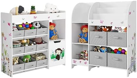 HOCSOK Spielzeugregal 2 Set, Kinderregal mit 4 Aufbewahrungsboxen, Bücherregal Kinder mit 9 Stoffschublade, Spielzeug-Organizer für Kinderzimmer, Schlafzimmer, Kindergarten