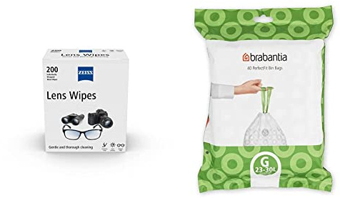 ZEISS Lens Wipes, Lens Cleaner for Glasses, Cameras & Binoculars & Brabantia PerfectFit Bin Liners (Size G/23-30 Litre) Thick Plastic Trash Bags with Tie Tape Drawstring Handles (40 Bags)
