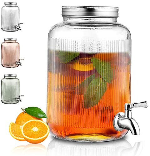 Kyraton Glass Beverage Dispenser, 4L Drink Dispenser for Parties with Stainless Steel Leak-Proof Faucet, Lemonade Juice Jar Beverage Dispenser for Parties, Home, Bar, Wedding