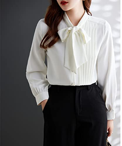 MIDJ Damen-Hemd Mit Knopfleiste,Damen Elegant Fliege Ausschnitt Vorne Falten Oberteile Shirt Weiß Satin Tunika Shirt Langarm Chiffon Bluse Shirt Lässige Büro Business Bluse Für Mädchen Damen