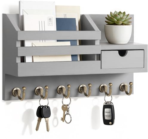 FifthQuarter Key and Mail Holder for Wall, Mail Organizer Wall Mount with 6 Hooks and Storage Drawer, Easy Installation Key Rack for Entryway and Home Decor (A-Grey)