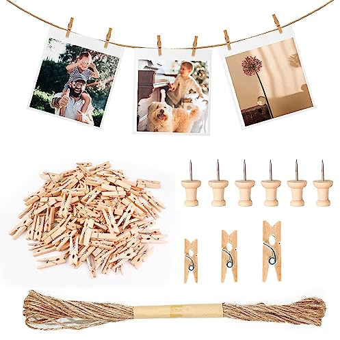Furuising 150Pcs 2.5/3/3.5cm Mini Wooden Pegs with 10M Jute String and Pin | Small Photo Pegs, Little Natural Photo Clips Peg for Hanging Photos and Pictures, Christmas Wall Display, Weddings & Party