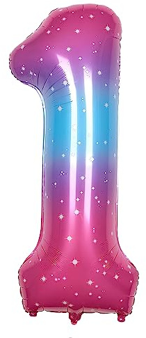 Ponmoo 40 inches Foil Balloons Numbers 1 Pink-Blue Gradient (101cm), Inflatable Helium or Air, Giant Balloon Number 0-9, 10-100, Grand Balloons for Anniversary Wedding Birthday Party Decoration