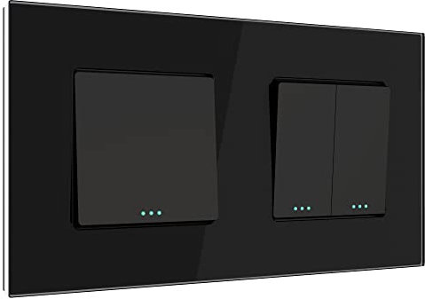 PULSAR Lichtschalter mit Doppel-Wechselschalter Glas Schwarz 2 Fach, Wandschalter Unterputz mit Doppel Wechsel Schalter 157x86mm