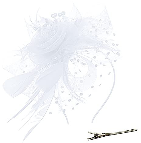 Fascinator Hut Damen Kopfschmuck Hochzeit Hüte Hat Clips Schleier Stirnband Tea Party Mesh Kopfbedeckung Frauen Pillbox Hut Haarschmuck für Cocktail Halloween Oktoberfest Gothic Weiß