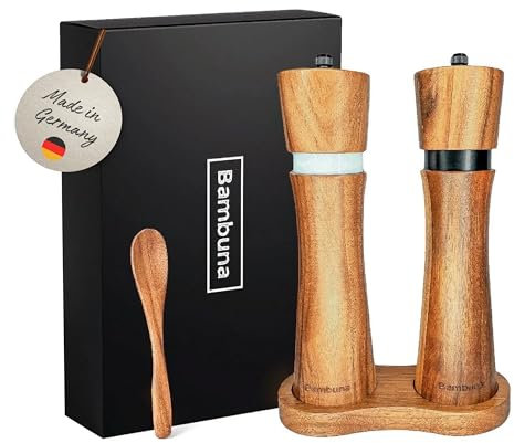 Bambuna® Elegante juego de molinillos de pimienta de madera, molinillo de sal y pimienta, posavasos y cuchara de madera de acacia, grandes molinillos de especias con mecanismo de cerámica (22 cm),