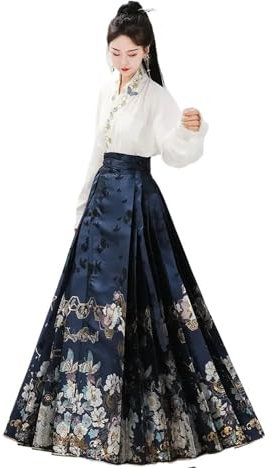 Traditionell kinesisk Hanfu skjorta Häst ansikte kjol Tvådelad uppsättning vår höst kostym Hanfu kjol klänning damkläder (Color : Blue, Size : Medium)