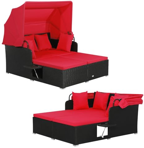 Multigot 2 Seater Rattan Daybed, Patio Double Wicker Recliner Sunbed with Retractable Canopy, 2 Folding Tables and Cushion, Outdoor Chaise Lounger Garden Furniture for Balcony Backyard (Red)