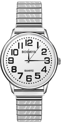 Oidea Man's Easy Reader Watch: Big Face Clear Number Analog Quartz Elastic Strap Wrist Watches for Man Waterproof Dress Wristwatch White Face Silver Band