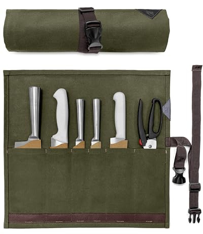 Under NY Sky Knife Roll Case - 6 Slots - Heavy Duty Waxed Canvas Pouch - Leather Reinforced - Portable Bag for Cooking Tools, Utensils, Cutlery Knives, Brushes - Chefs, Kitchen, Travel, Gift - Green