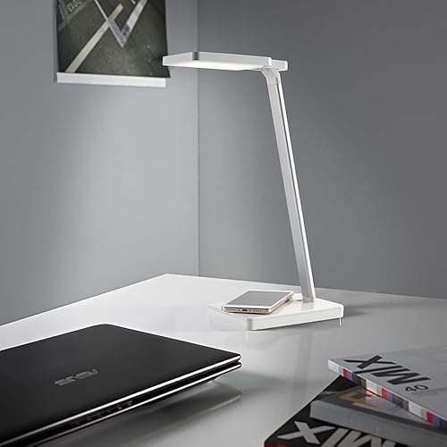 MeLiTec LED Schreibtischleuchte T123 mit Drahtloser Ladefunktion, Dimmbar, 3 Lichtfarben, USB-Anschluss & Verstellbarem Arm, Silber/Weiß