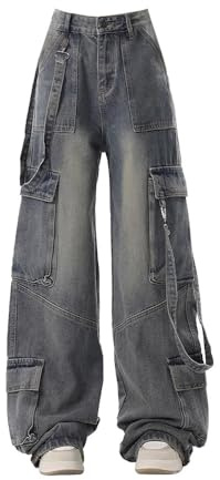 Xytraiihw Blau,S, Graue Cargo-Jeans Für Damen, 90Er-Jahre-Vintage-Y2k-Baggy-Jeans Mit Taschen, Streetwear-Jeanshose, Jeans Mit Hoher Taille
