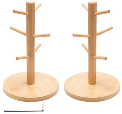 Neikafan Brezelständer Holz 2 Stück Tassenbaum Bambus Tassenständer Hol Tassenhalter Stehend Tassenständer Holz Dunkel mit 6 Haken für Kaffeetassen Becher Coffee Mug Holder Stand