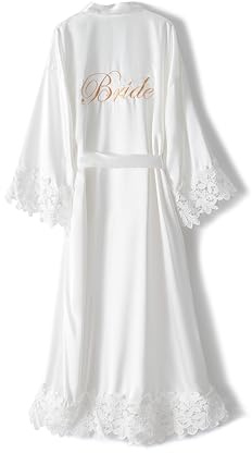 Crystal Dew Womens Lace Trim Long Bridal Kimono Robes With Embroidery Bride Bridesmaid Satin Bathrobe Wedding Gifts, White, Bride