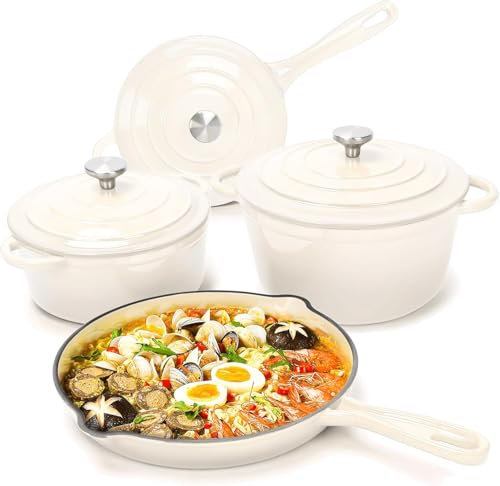 Denmay Set di pentole in ghisa smaltata – Set di 7 pezzi con forno olandese, padella, stufato, pentola per salsa con 3 coperchi, set da forno olandese, adatto per tutti i piani cottura, bianco crema