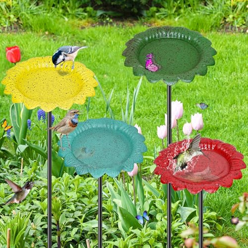 Metall Vogel Bäder für im Freien, kleines Garten Vogel Bad mit Metall Stake, Kolibri Fütterung für Liebhaber Garten Dekoration (Rot Gelb Blau Grün -4P)