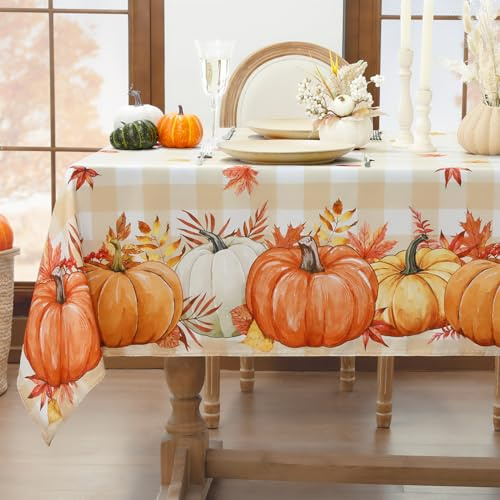 Softalker Autumn Table Cloth Wipe Clean Orange Pumpkin Gingham Tablecloth Water Resistant Rectangular 140x200 cm Washable Fall Table Cover for Party Kitchen Festival Halloween Thanksgiving Decorations
