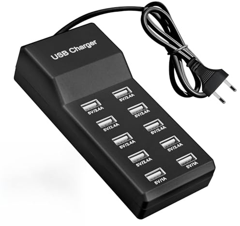Cargador USB de 10 puertos, 50 W, 5 V, cargador USB múltiple, 10 puertos, estación de carga rápida para teléfonos móviles, tabletas, consolas de juegos (enchufe europeo)