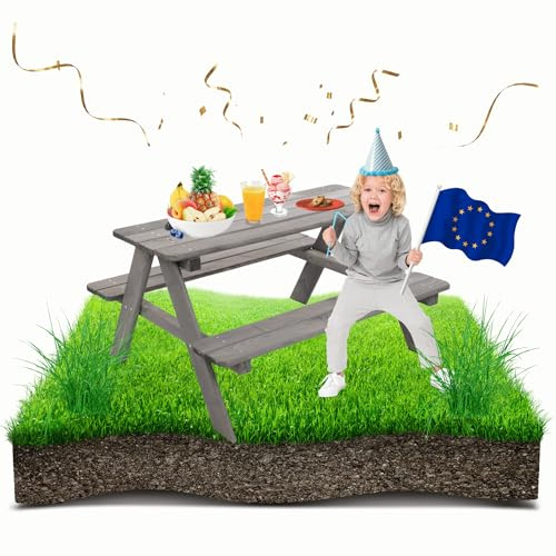 MODO24 Kindersitzgarnitur für 4, Picknicktisch für Kinder aus Kiefernholz, Outdoor Sitzgruppe mit 2 Bänken, Gartensitzgarnitur & Spielmöbel, Abmessungen 90x91x50 cm, Farbe: Grau (imprägniert)