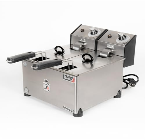 Romux® Freidora Industrial Eléctrica 3+3 Litros Doble Sobremesa | Freidora Profesional de Aceite en Acero Inox 5000 W Termostato Alta Precisión