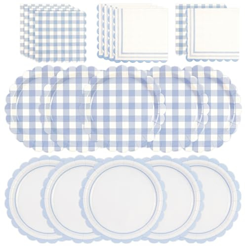 Lot de 48 assiettes et serviettes en papier festonné bleu vichy jetables de 22,9 cm pour fête prénatale, anniversaire, mariage, 4 styles