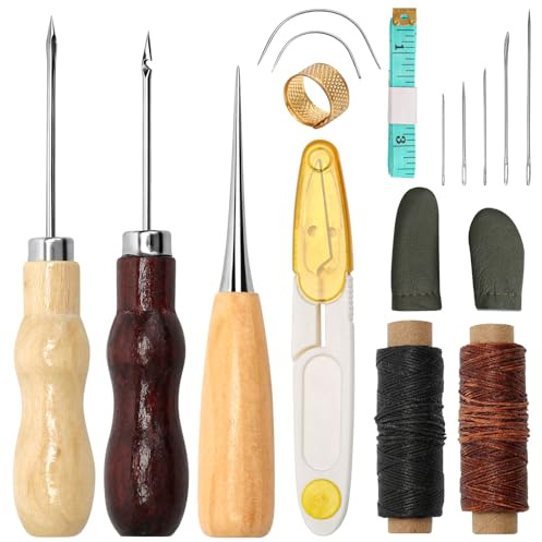 17 Stück Leder Werkzeug Set, Leder Nähset mit Wachsfaden, Sattlergarn Gewachst für für Lederhandwerk DIY Sewing Craft and Nähen