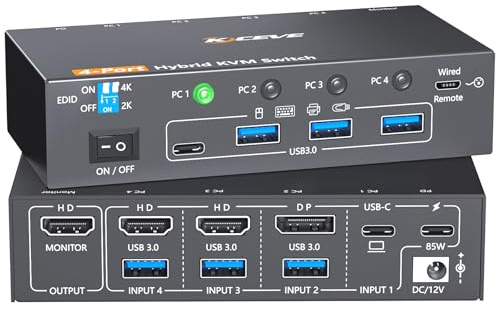 YOUTINGHDAV KVM Switch 4 Computers 1 Monitor USB C Displayport HDMI, USB 3.0 KVM Switch 4 Port for 4 Computer Share Mouse Keyboard, 4K@60Hz, EDID, 85W PD, Wired Remote(4K USB-C DP HD 4 in 1 out KVM)